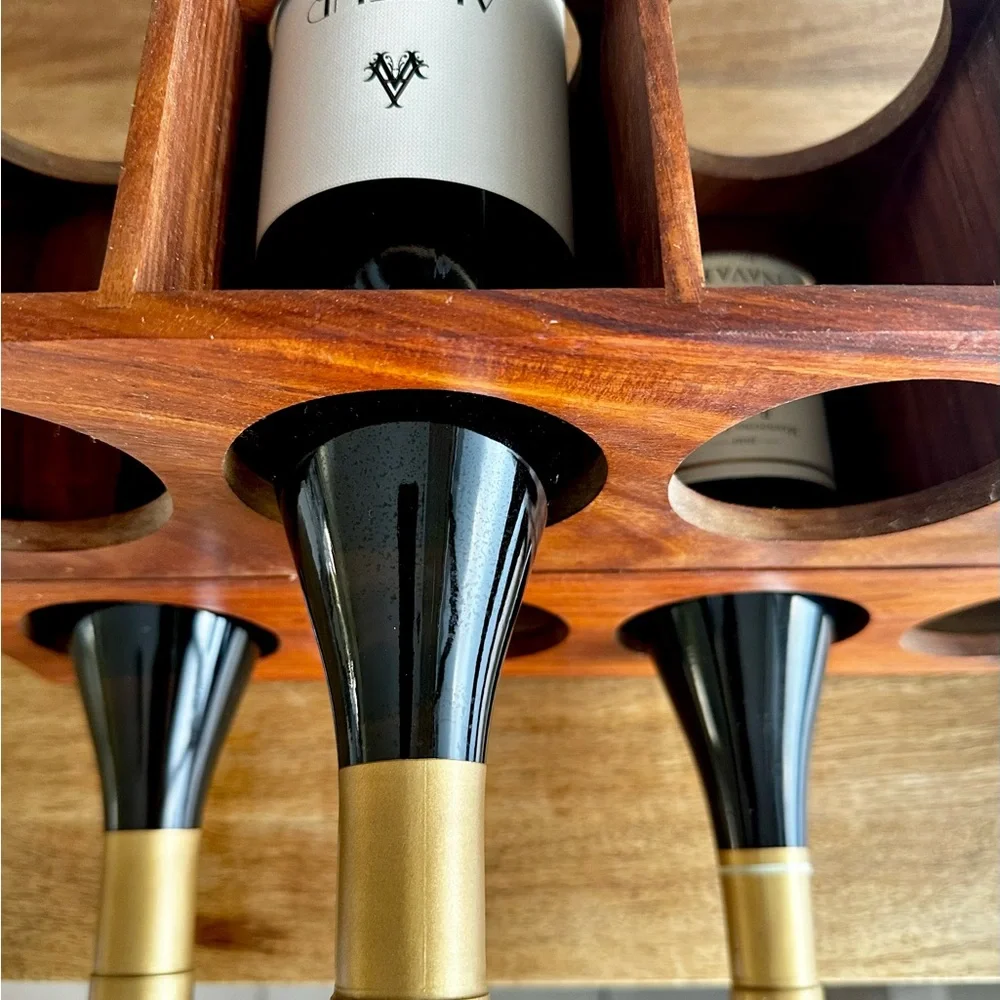 | crate & barrel • 10 bottle wooden wine rack • medium brown |